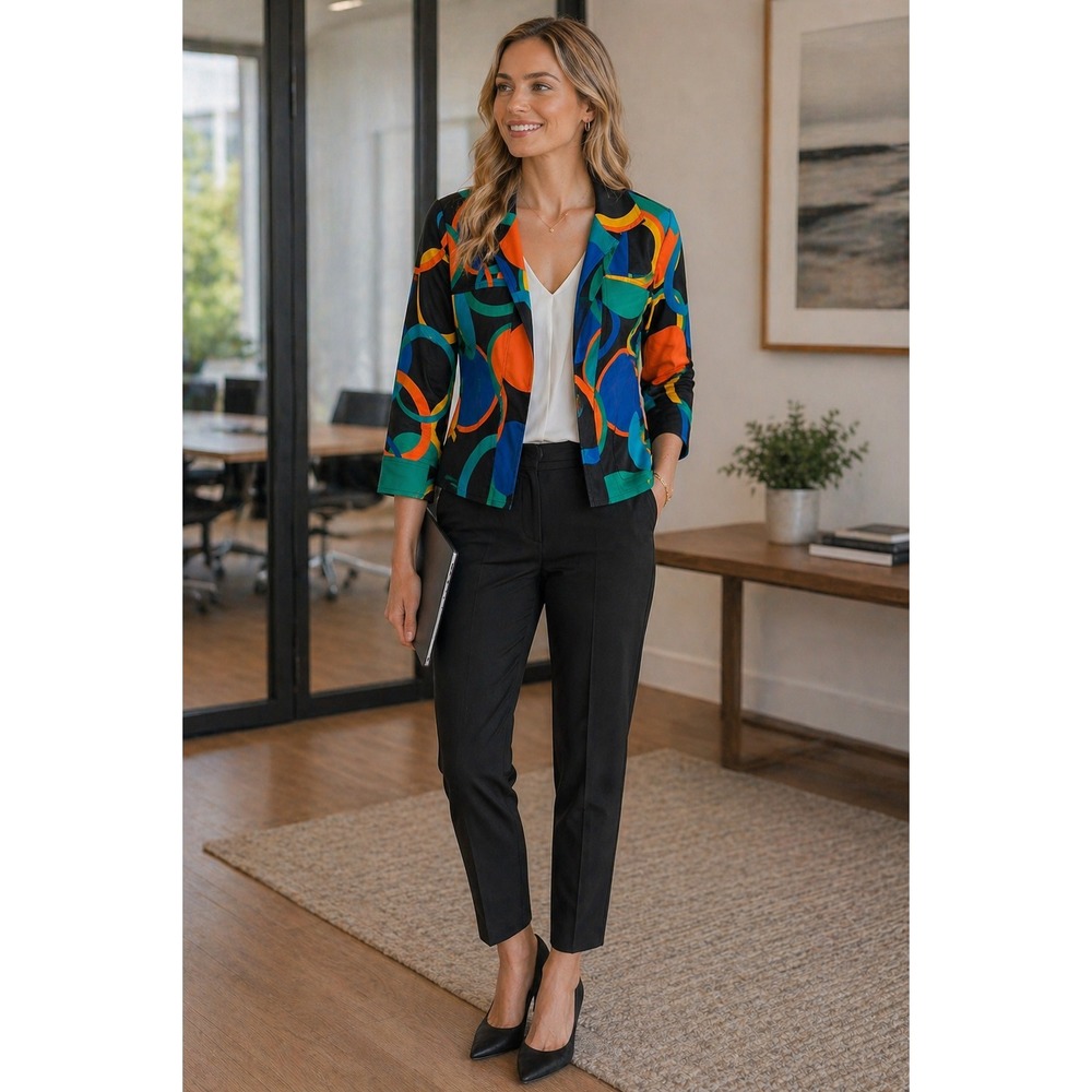 Multiples Womens Geometric Circle Print Blazer S Jacket 3/4‎ Sleeve Multi Color